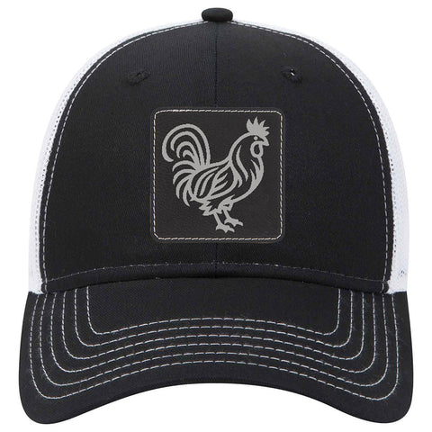 Rooster Leatherette Patch 6 Panel Low Profile Mesh Back Trucker Hat - for Men and Women