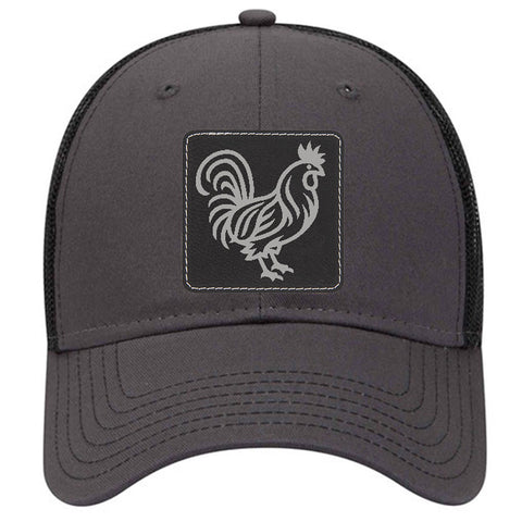 Rooster Leatherette Patch 6 Panel Low Profile Mesh Back Trucker Hat - for Men and Women