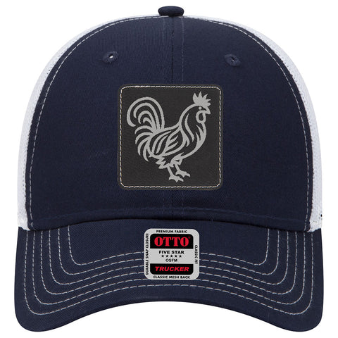 Rooster Leatherette Patch 6 Panel Low Profile Mesh Back Trucker Hat - for Men and Women