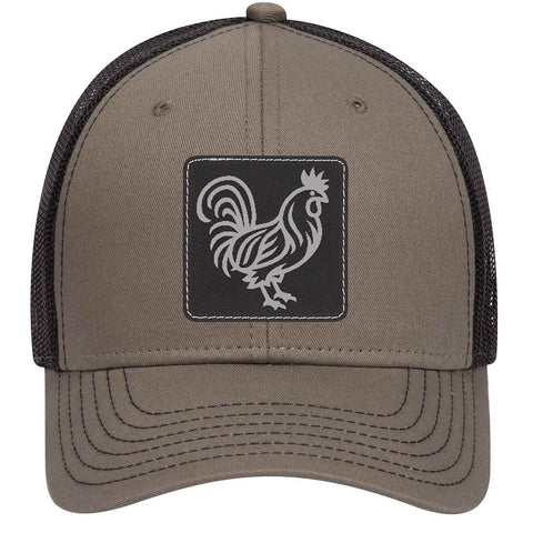 Rooster Leatherette Patch 6 Panel Low Profile Mesh Back Trucker Hat - for Men and Women