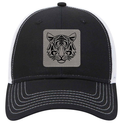 Tiger Leatherette Patch 6 Panel Low Profile Mesh Back Trucker Hat - for Men and Women