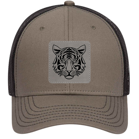 Tiger Leatherette Patch 6 Panel Low Profile Mesh Back Trucker Hat - for Men and Women