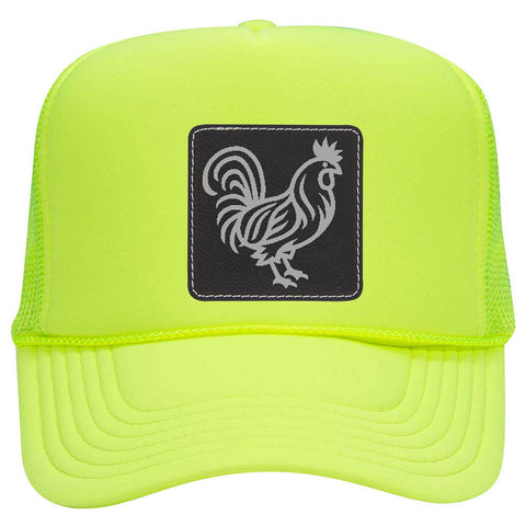 Rooster Leatherette Neon 5 Panel High Crown Foam Mesh Back Trucker Hat - For Men and Women