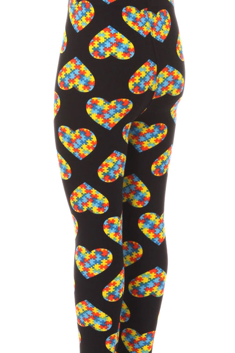 Kid's Colorful Heart Autism Jigsaw Puzzles Pattern Printed Leggings
