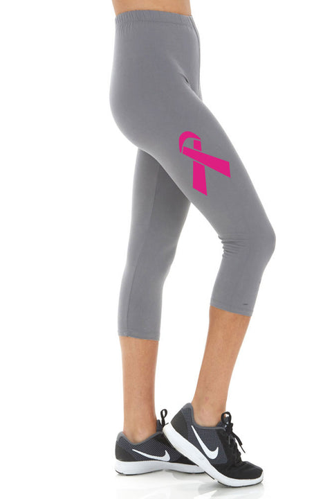 Women's Breast Cancer Ribbon Printed Buttery Soft Peach Skin Cropped Capri Leggings - Regular Plus and 3X5X