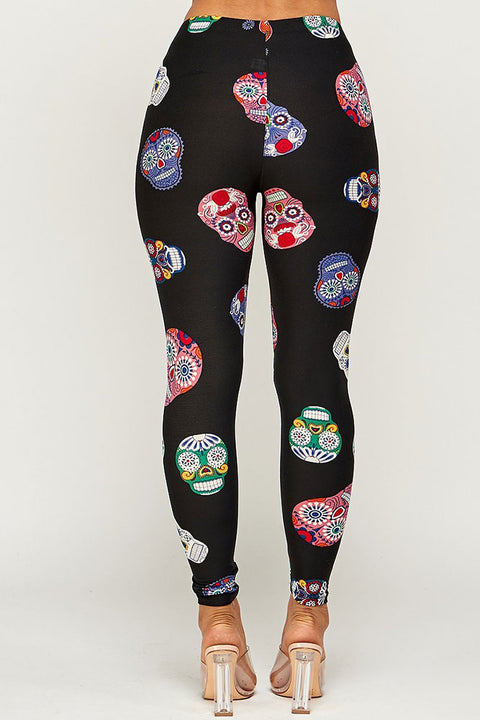 Women's Regular Colorful Sugar Skull Pattern Printed Leggings