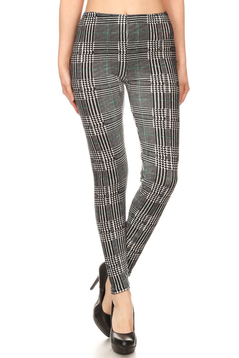 Women's Regular Grey Plaid with Green Line Pattern Velvet High Waisted Leggings