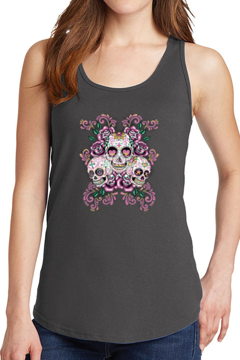 Women's Three Floral Sugar Skulls Core Cotton Tank Tops -XS~4XL