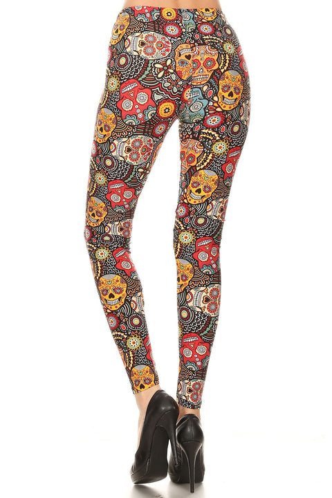 Women's Plus Ornate Sugar Skull Pattern Printed Leggings