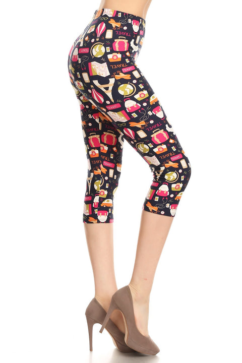 Women's Regular Colorful Travel Ticket Theme Printed Cropped Capri Leggings