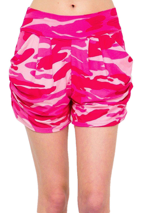 Women’s Regular Pink Camo Printed Pleated Pockets Harem Shorts