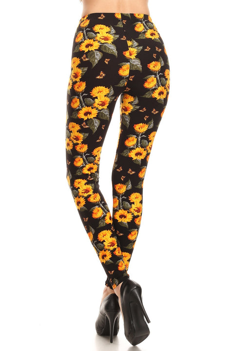 Women's Plus Sunflower Butterfly Pattern Printed Leggings