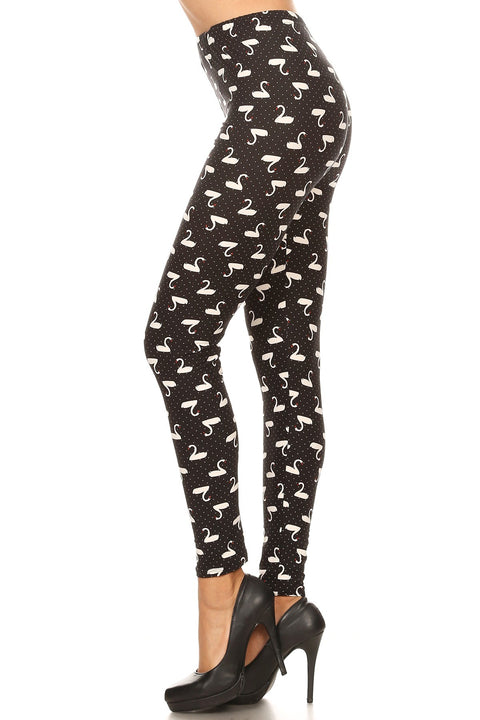 Women's 3X 5X B&W Swans Birds Pattern Print Leggings