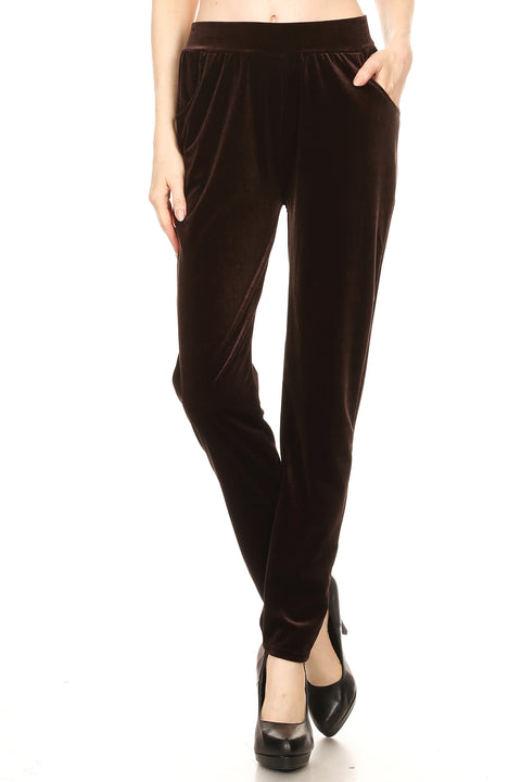 Women's Regular Full Length Velvet Pants with Side Pockets