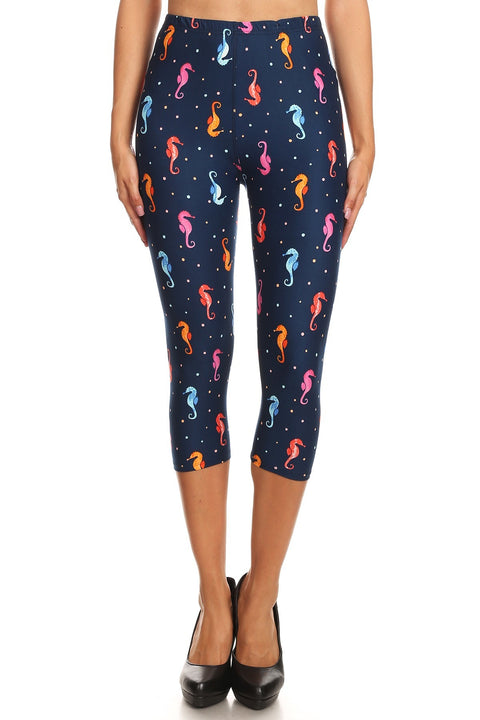 Women's Plus Sea Horses Bubbles Undersea Printed Cropped Capri Leggings