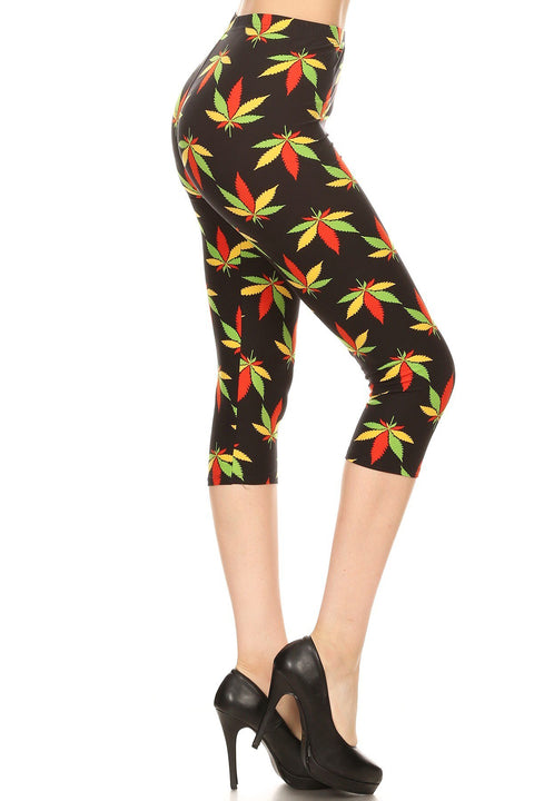 Women's Regular Colorful Leaf Plant Printed Cropped Capri Leggings