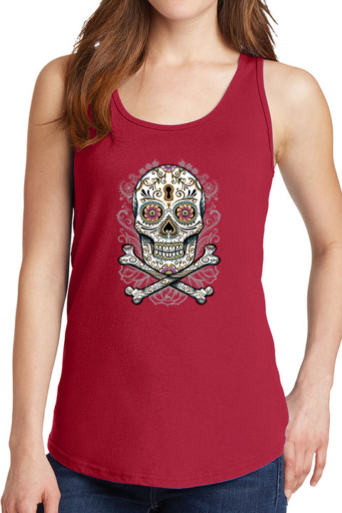 Women's Floral Skull with Crossbones Core Cotton Tank Tops -XS~4XL