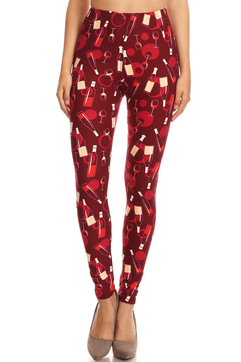 Women's Plus Wine Glass and Bottle Pattern Printed Leggings