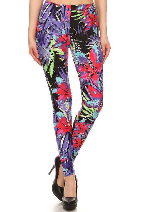 Women's Plus Abstract Big Petal Floral Pattern Printed Leggings - Pink Purple
