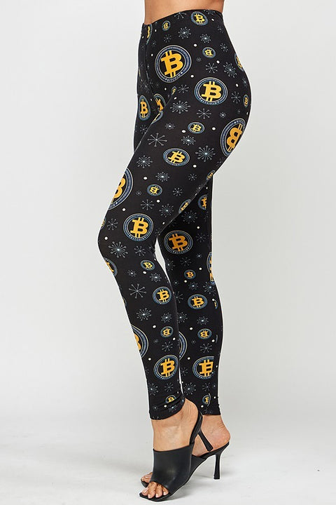 Women's Regular Black Bitcoin Pattern Printed Leggings