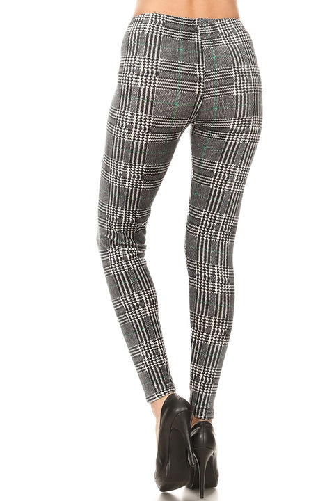 Women's Regular Grey Plaid with Green Line Pattern Velvet High Waisted Leggings