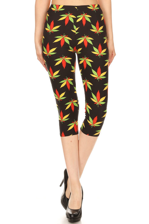 Women's Regular Colorful Leaf Plant Printed Cropped Capri Leggings