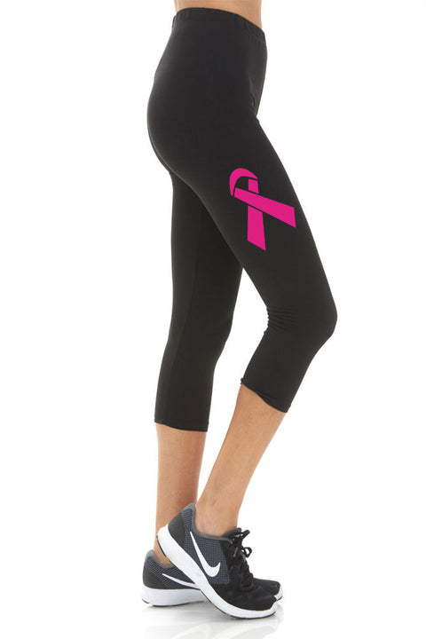 Women's Breast Cancer Ribbon Printed Buttery Soft Peach Skin Cropped Capri Leggings - Regular Plus and 3X5X