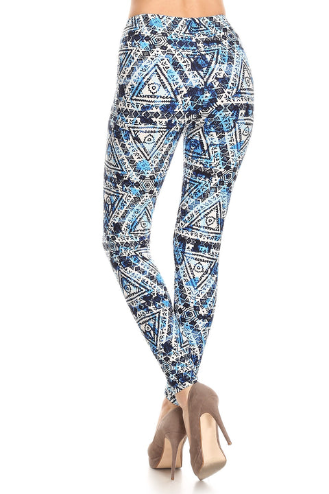 Women's Plus Blue Geo Tribal Indian Theme Printed Leggings