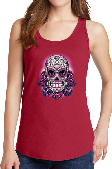 Women's Purple Floral Skull Core Cotton Tank Tops -XS~4XL
