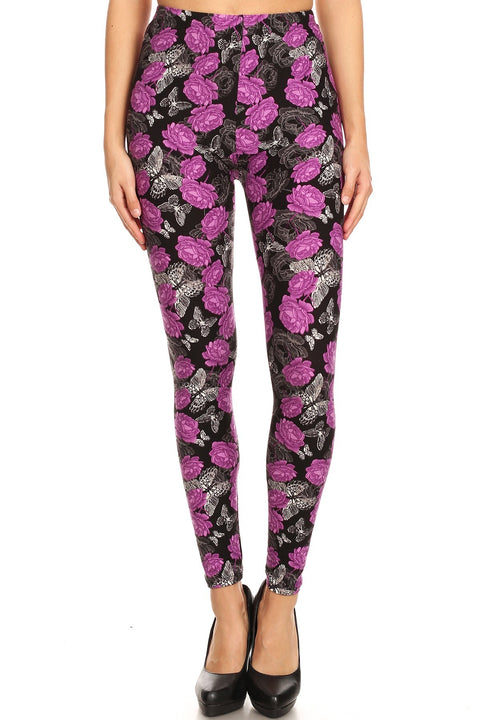 Women's Regular Purple Rose Butterfly Pattern Printed Leggings