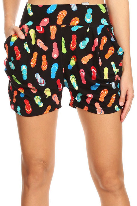 Women’s Regular Flip-Flops Sandal Printed Pleated Pockets Harem Shorts
