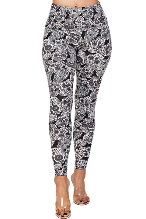 Women's Regular Grey Sugar Skull Pattern Printed Leggings