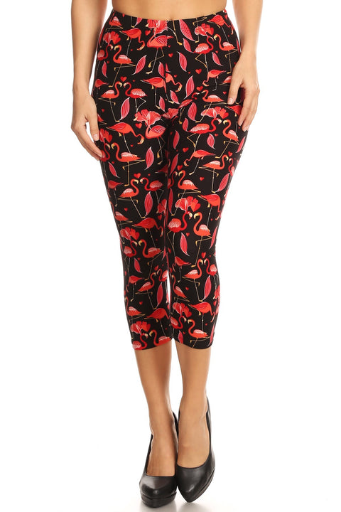 Women's Plus Red Flamingo Birds Printed Cropped Capri Leggings