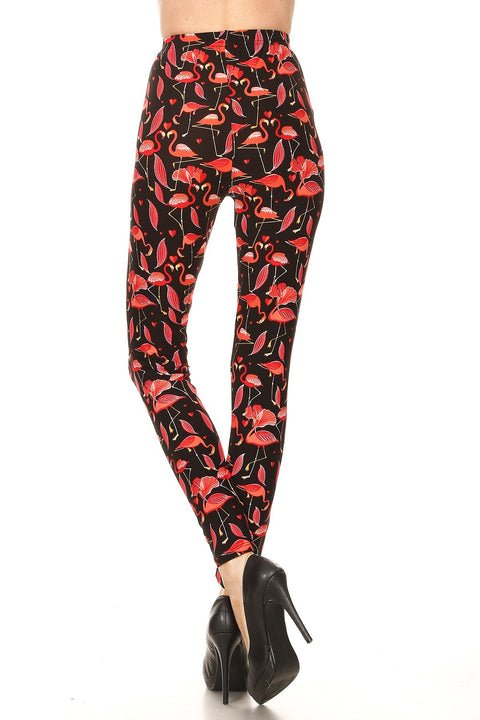 Women's Regular Flamingo Bird Pattern Printed Leggings - Black Pink