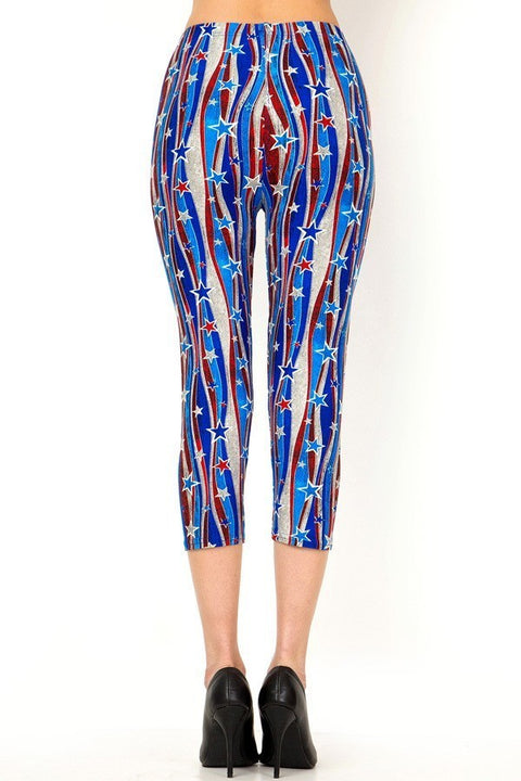Women's Plus Flying Star 4th of July Printed Cropped Capri Leggings