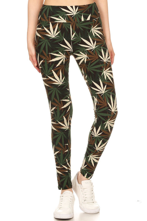 Women Plus High Waist Olive Brown Leaf Cannabis Printed Yoga Pants Leggings