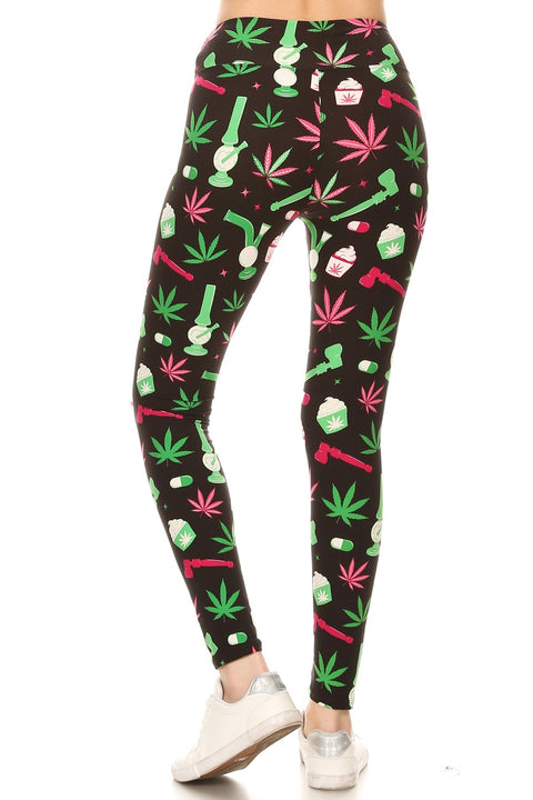 Women Regular High Waist Green Leaf Cannabis Printed Yoga Pants Leggings