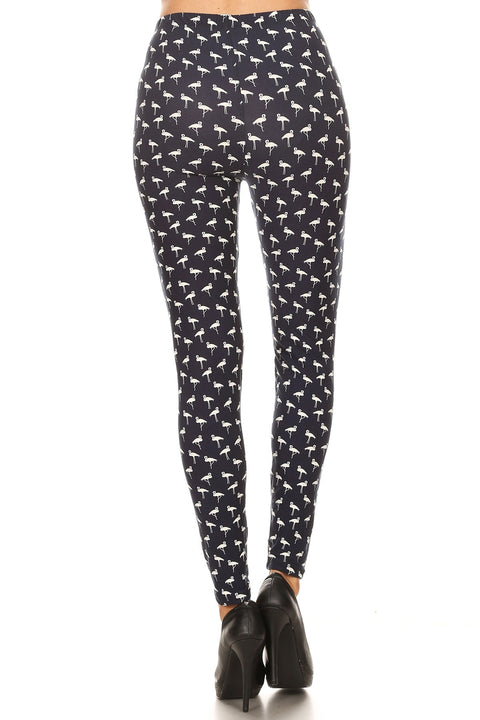 Women's Plus White Flamingo Birds Pattern Printed Leggings - One Size / Black