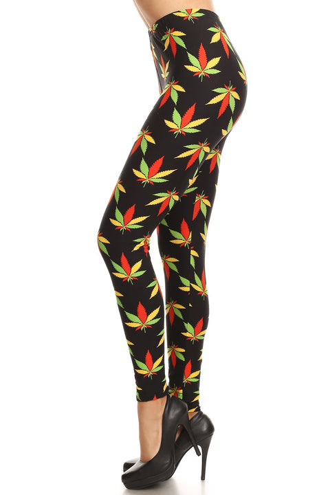 Women's Regular Colorful Leaf Plant Pattern Printed Leggings - Red Green