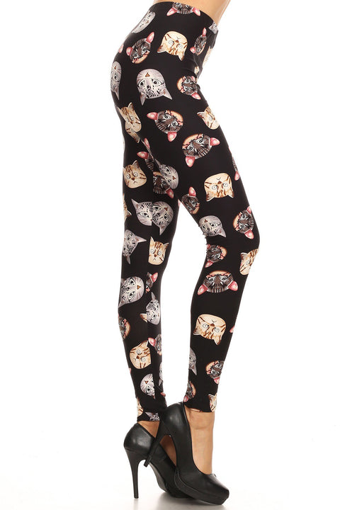 Women's 3X 5X Allove Cat Faces Pattern Printed Leggings