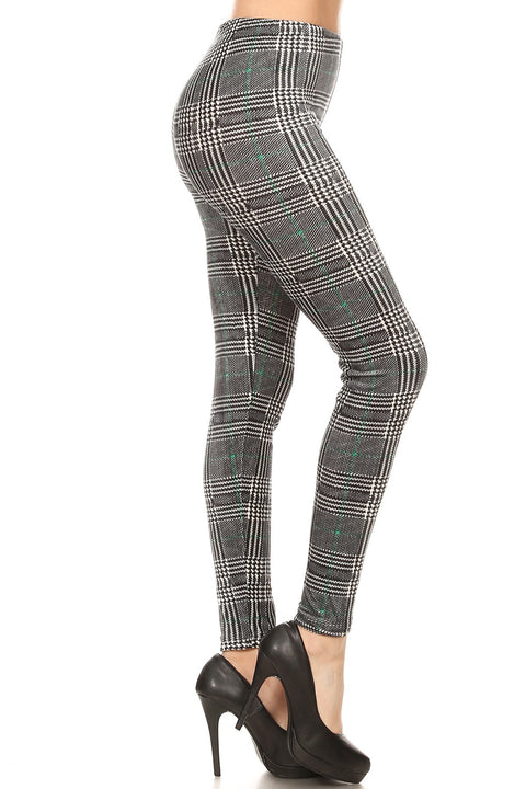 Women's Regular Grey Plaid with Green Line Pattern Velvet High Waisted Leggings