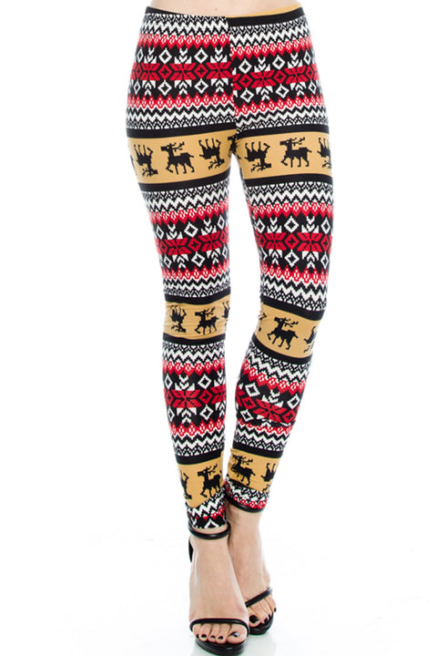 Seasonal Holiday One Size Print Leggings - Mocha Reindeer for PLUS