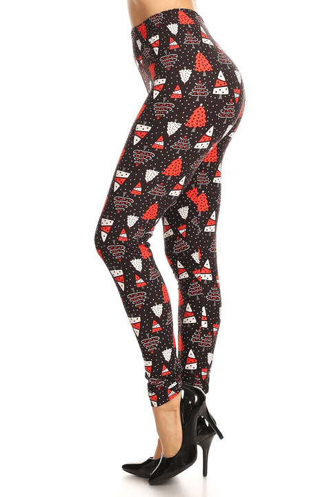 Women's Plus Red White Christmas Tree Pattern Printed Leggings