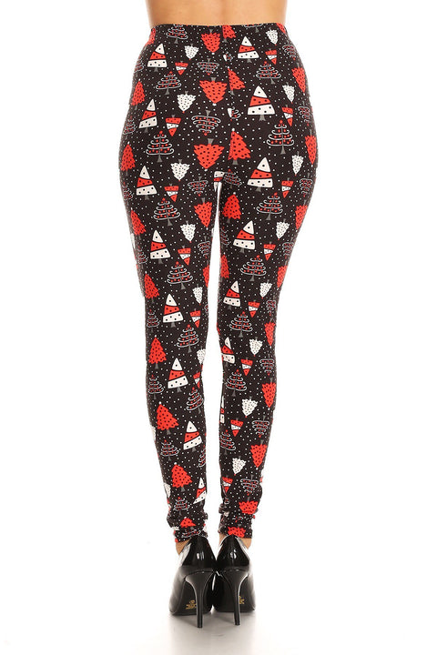 Women's Plus Red White Christmas Tree Pattern Printed Leggings