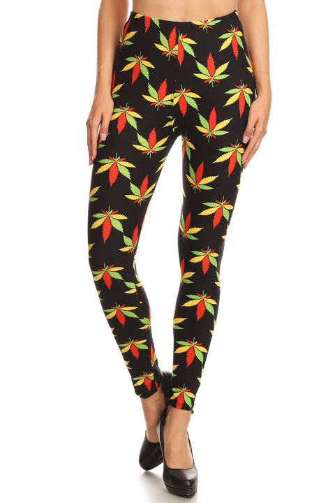 Women's Regular Colorful Leaf Plant Pattern Printed Leggings - Red Green