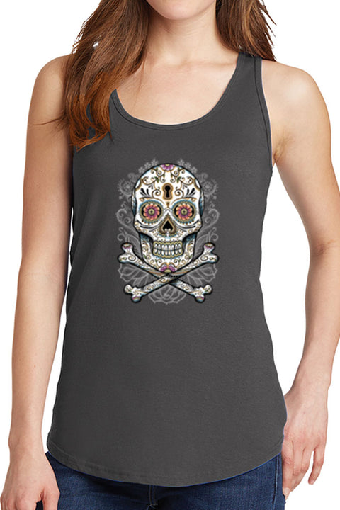 Women's Floral Skull with Crossbones Core Cotton Tank Tops -XS~4XL