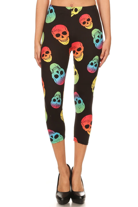 Women's Regular Neon Skulls Printed Cropped Capri Leggings