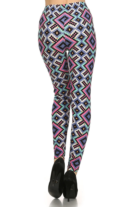 Women's Plus Aztec Diamond Pattern Printed Leggings - Pink Blue
