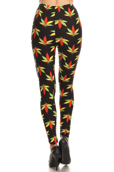 Women's Regular Colorful Leaf Plant Pattern Printed Leggings - Red Green