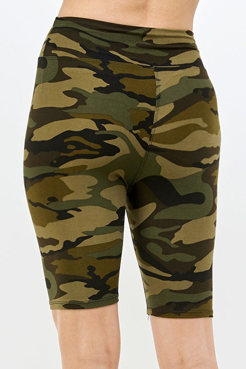 Women's Buttery Soft Olive Camouflage Print 3 Inch Waist Yoga Biker Shorts